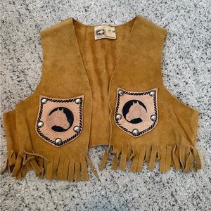 Kids vintage Brown Suede Fringe Vest with Horse Patches cowboy Euc